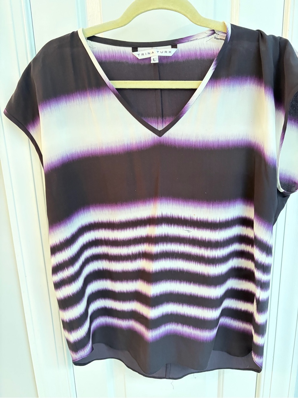 Trina Turk Black, Purple and White Striped V-Neck Blouse